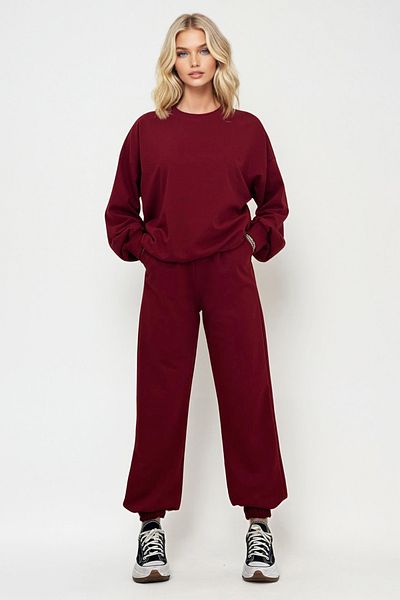 Trend Alaçatı Stili Burgunderfarbenes Damen-Trainingsanzug-Set mit Rundhalsausschnitt und elastischem Taillenbein – ALC-507-669-001