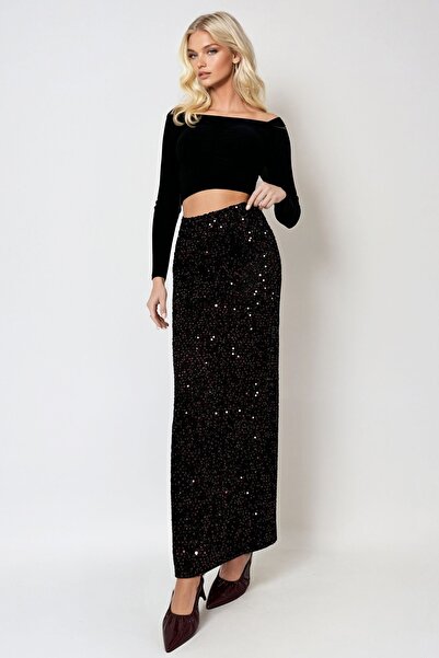 Trend Alaçatı Stili Fusta de damă bordeaux cu talie înaltă cu paiete și lungime maxi ALC-X13293