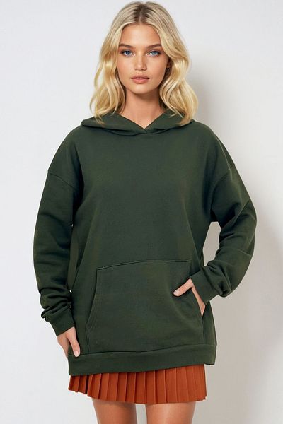 Trend Alaçatı Stili Dámská khaki mikina s kapucí, klokaní kapsa, 3 vlákna, silná ALC-531-009