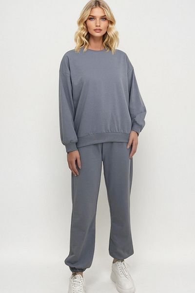 Trend Alaçatı Stili Graues Damen-Trainingsanzug-Set mit Rundhalsausschnitt und elastischen Beinen – ALC-507-669-001