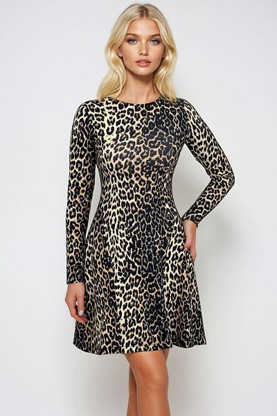 Trend Alaçatı Stili Women's Leopard Crew Neck Stitching Detail Flared Mini Dress Alc-X10883