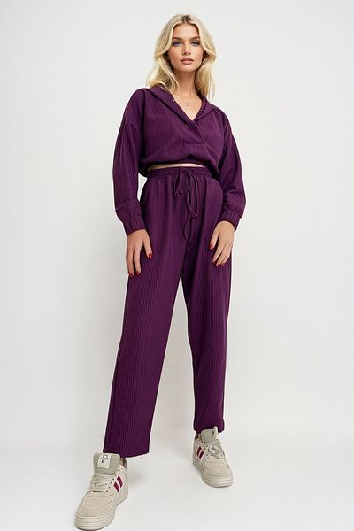 Trend Alaçatı Stili Pflaumenfarbenes Damen-Set mit Kapuze und zweireihigem Ausschnitt – ALC-X13268
