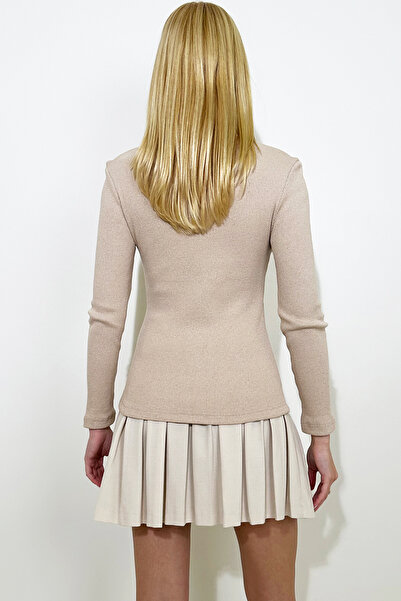 Trend Alaçatı Stili Γυναικεία Μπεζ V λαιμόκοψη Basic Μπλούζα ALC-X13290