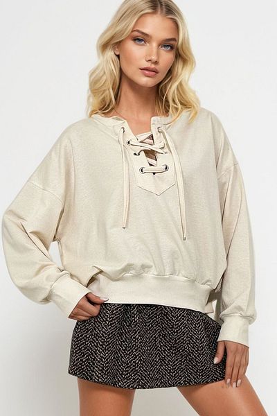 Trend Alaçatı Stili Γυναικείο φούτερ σε μπεζ κορδόνι Oversize MDA-1029