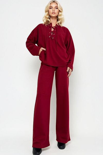 Trend Alaçatı Stili Burgundy Bird Eye Detailed Sweat and Double Pocket Women's Pants Set - Alc-X13283