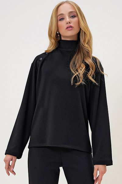 Trend Alaçatı Stili Schwarze Damenbluse mit Stehkragen und Druckknöpfen an der Schulter, 2 Fäden, ALC-X13277