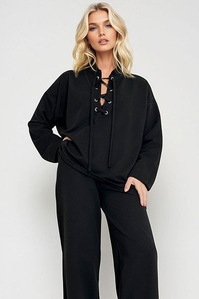 Trend Alaçatı Stili Women's Black Bird Eye Detailed Sweat and Double Pocket Pants Set - Alc-X13283