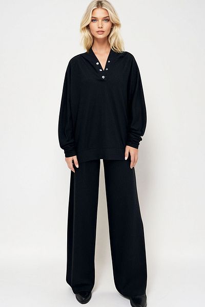 Trend Alaçatı Stili Damska czarna bluza z kapturem i zapięciem na zatrzaski Oversize oraz spodnie i góra garnituru Alc-X12476