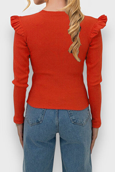 Trend Alaçatı Stili Γυναικείο πορτοκαλί βολάν ώμους Half Fisherman πουλόβερ ALC-X5194