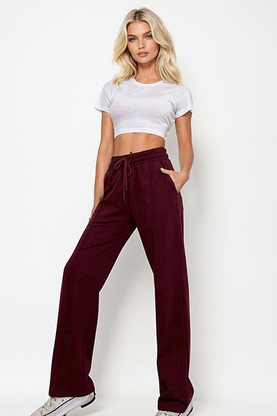 Trend Alaçatı Stili Burgunderfarbene Damen-Jogginghose mit hoher Taille vorne, Gras, weitem Bein und doppelter Tasche ALC-X7957