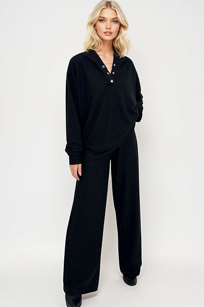 Trend Alaçatı Stili Damska czarna bluza z kapturem i zapięciem na zatrzaski Oversize oraz spodnie i góra garnituru Alc-X12476