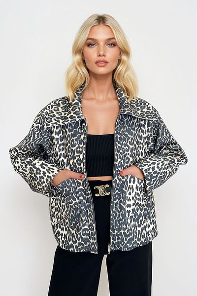 Trend Alaçatı Stili Damenjacke mit Leopardenmuster – Hemdkragen, Doppeltaschen, Tauchstoff ALC-X13289