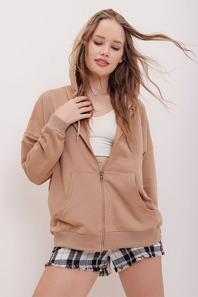 Trend Alaçatı Stili Women's Biscuit Hooded Double Pocket Zipper Oversize Sweatshirt Alc-667-001