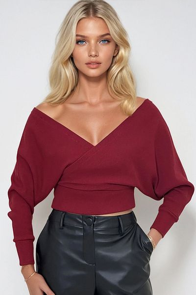 Trend Alaçatı Stili Women's Burgundy Front Back V Neck Double Breasted Blouse Alc-019-053-Blz
