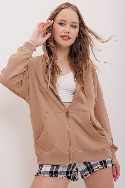 Trend Alaçatı Stili Women's Biscuit Hooded Double Pocket Zipper Oversize Sweatshirt Alc-667-001