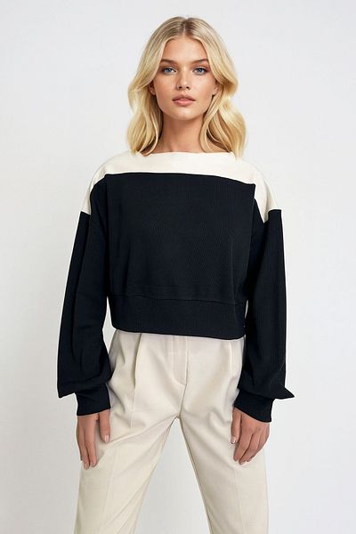 Trend Alaçatı Stili Μαύρη εκρού Colorblock Crop μπλούζα - Boat Neck, Ελαστική μέση, ALC-X12970