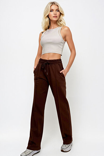 Trend Alaçatı Stili Γυναικείο καφέ ψηλόμεσο μπροστινό παντελόνι με φαρδύ πόδι με διπλή τσέπη ALC-X7957