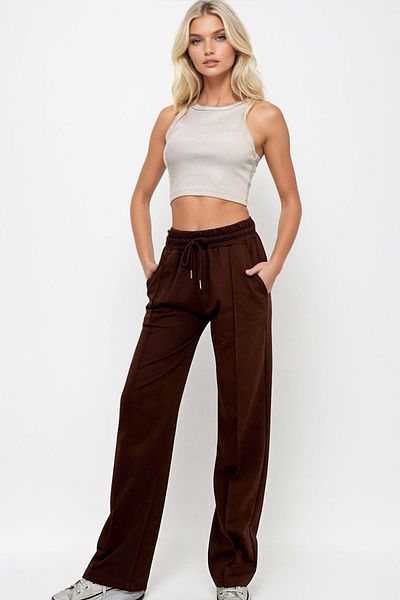Trend Alaçatı Stili Braune Damen-Jogginghose mit hoher Taille vorne, Gras, weitem Bein und doppelter Tasche ALC-X7957