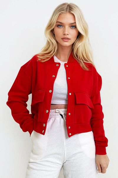 Trend Alaçatı Stili Women's Red Snap Closure Double Pocket Raster Crop Jacket Alc-X10940