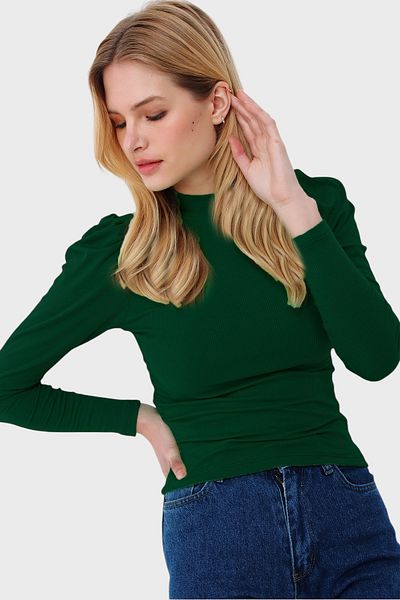 Trend Alaçatı Stili Smaragdgrüne Damen-Bluse mit Prinzessinnenärmeln und halbem Fisherman-Camisole-Bluse ALC-X5042