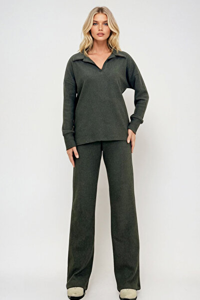 Trend Alaçatı Stili طقم نسائي كاكي بياقة بولو وبنطلون بالازون - ALC-796-001