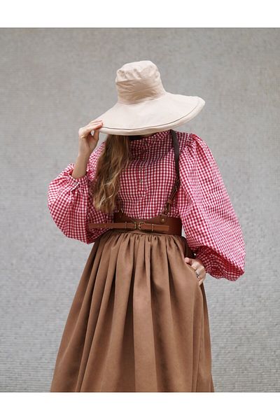 Launes Gingham Red-White Balloon Sleeve Vintage Shirt