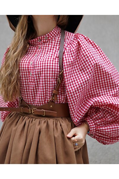 Launes Gingham Red-White Balloon Sleeve Vintage Shirt