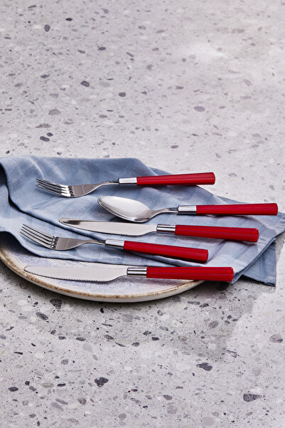 Karaca Fluca 18 Pieces - Red Dinner Fork Spoon Knife Set for 6 People
