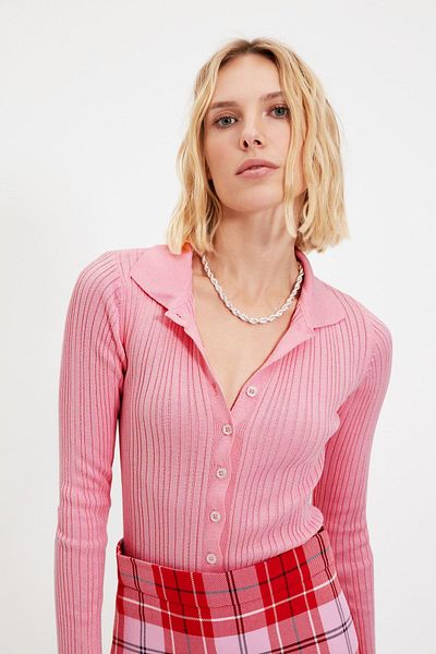 Trendyol Collection Pink Mercerized Look Ribbed Polo Neck Knitwear Cardigan Twoaw20Hi0070