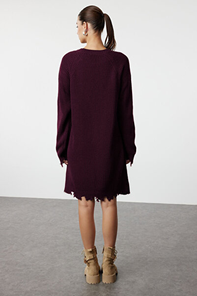 Trendyol Collection Μπορντό μονόχρωμο μίνι φαρδύ φόρεμα με λεπτομέρεια μονόχρωμο πλεκτό TWOAW24EL00113