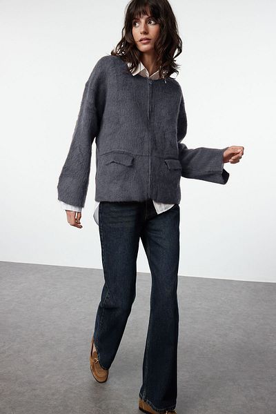 Trendyol Collection Soft Textured Anthracite Knitwear Cardigan - Twoaw25Hi00189