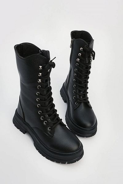 Marjin Women's Lace-Up Zippered Thick Sole Boots Yenles Black