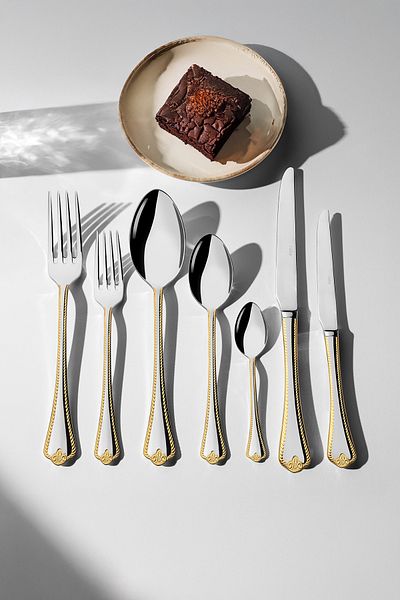 Nehir Fulya Gold Simple 12-Person 84-Piece Leather Boxed Cutlery Set