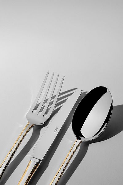 Nehir Fulya Gold Simple 12-Person 84-Piece Leather Boxed Cutlery Set