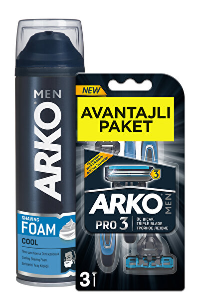 Arko Men Men T3 Pro 3 Bıçaklı Tıraş Bıçağı 3'lü & Cool Tıraş Köpüğü 200 ml Avantaj Paketi