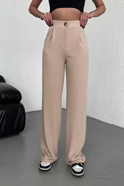 Warasiva Γυναικείο μπεζ ψηλόμεσο πλισέ με κουμπιά Lycra ελαστικό άνετο παντελόνι Palazzo