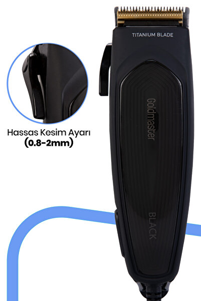 GOLDMASTER Black Kablolu Titanyum Çelik Bıçaklı Sessiz Ayarlanabilir Kesme Başlıklı Saç Ve Sakal Kesme Makinesi