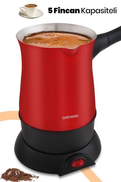 GOLDMASTER وعاء قهوة كهربائي من الفولاذ المقاوم للصدأ باللون الأحمر اللامع بسعة 5 أكواب