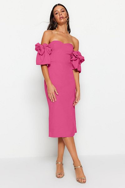 Trendyol Collection Fuksja Róża Akcesorium Tkana Elegancka Suknia Wieczorowa Sukienka Na Ukończenie Szkoły TPRSS23EL00541