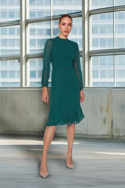 Trendyol Collection Χειμερινό φόρεμα μίντι σιφόν με πράσινη γραμμή - όρθιος γιακάς TWOAW20EL1313