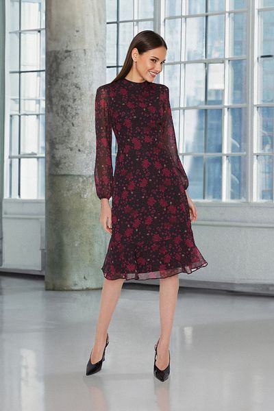 Trendyol Collection Ροζ φλοράλ στάμπα - Μίντι σιφόν φόρεμα σε γραμμή Α, όρθιος γιακάς - TWOAW20EL1313