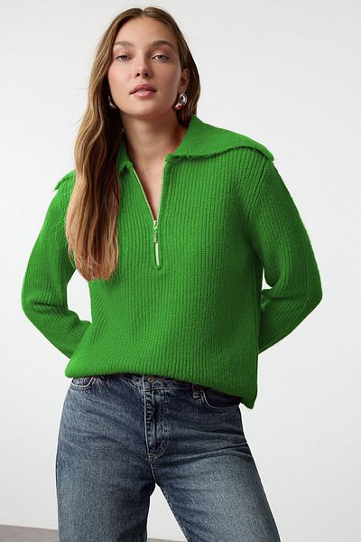 Trendyol Collection Lână verde, cu formă largă, guler răsturnat, cu fermoar, tricotaj, pulover TWOAW25KZ00011