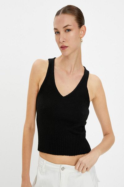 Koton V-neck Slim Plain Black Sweater Women 4WAK30002HT