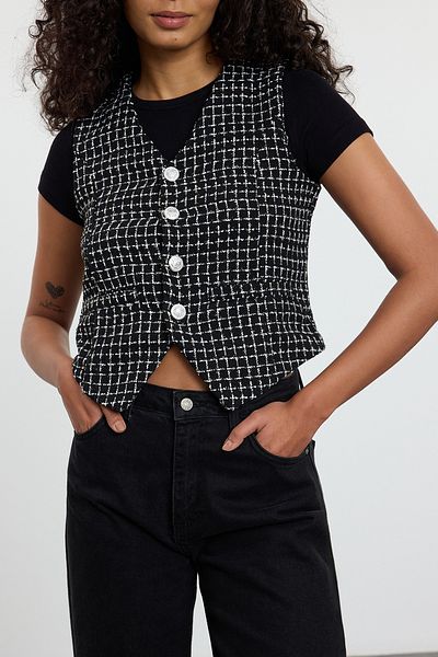 Edit by Trendyol Tweed Fitted Vest – Černá, Detailní na knoflíky, Bez podšívky – Tedaw25Ye00008