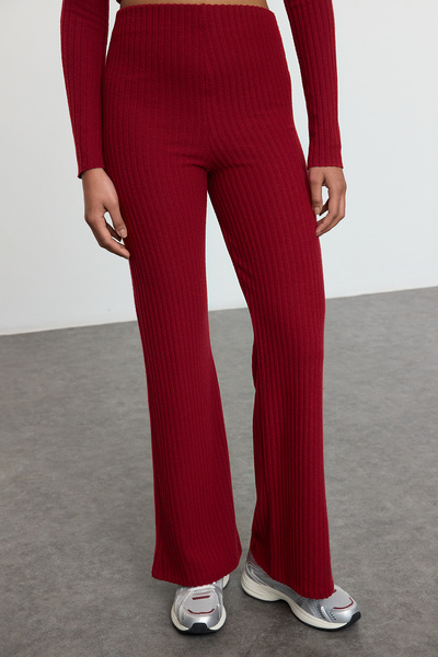 Trendyol Collection Claret Red High Waist Stretchy Corded Knitted Trousers Twoaw25Pl00111