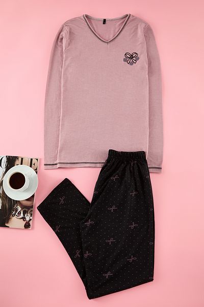 Edit by Trendyol Black Ribbon/Bow and Polka Dot Knitted Pajamas Set Tedaw25Pt00028