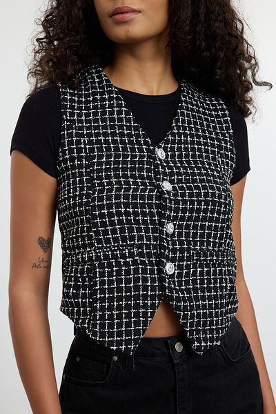 Edit by Trendyol Tweed Fitted Vest – Černá, Detailní na knoflíky, Bez podšívky – Tedaw25Ye00008