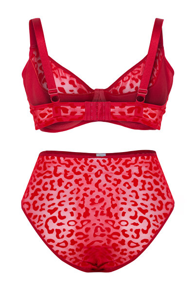 Trendyol Curve Rotes Samt-Unterwäsche-Set mit Leopardenmuster und hoher Taille in Übergröße – TBBAW25DG00001