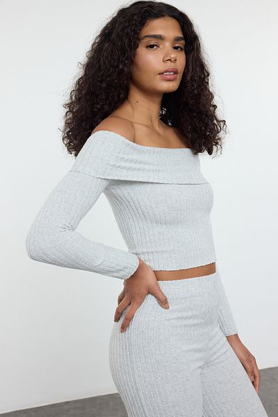 Trendyol Collection Γκρι Melange Carmen λαιμόκοψη ελαστική πλεκτή μπλούζα με ραβδώσεις TWOAW25BZ00313