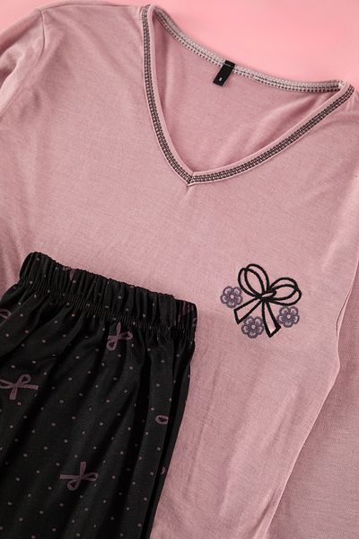 Edit by Trendyol Black Ribbon/Bow and Polka Dot Knitted Pajamas Set Tedaw25Pt00028
